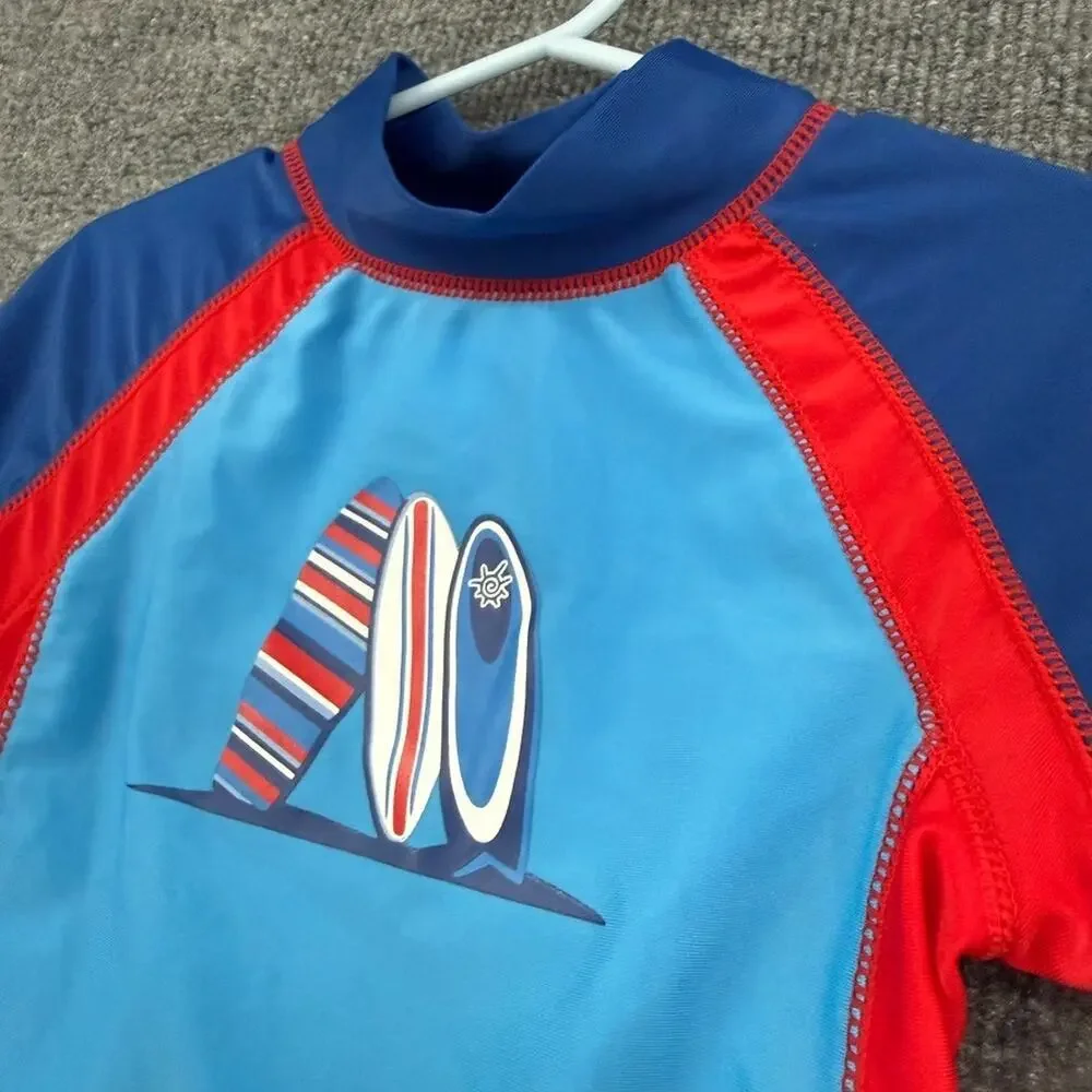 UV Skinz Rash Guard Swim Shirt Boys Size 5 Blue Red Short Sleeve Sun Protection